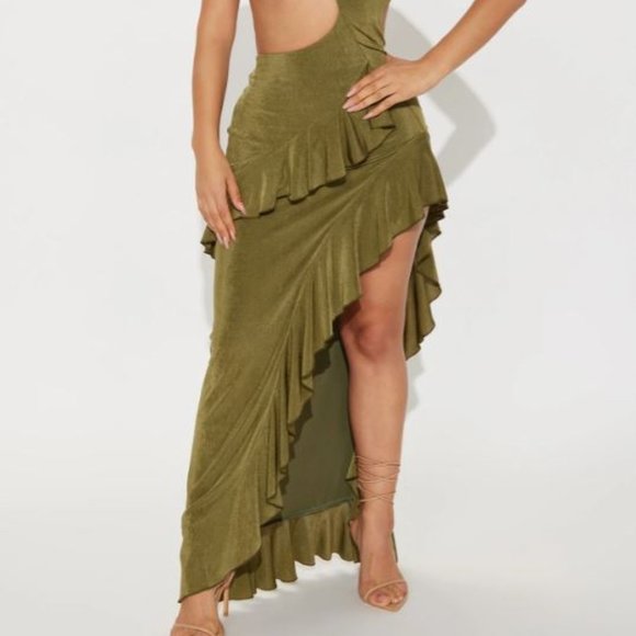 Elegant Olive Green Asymmetrical Dress - Picture 2 of 5